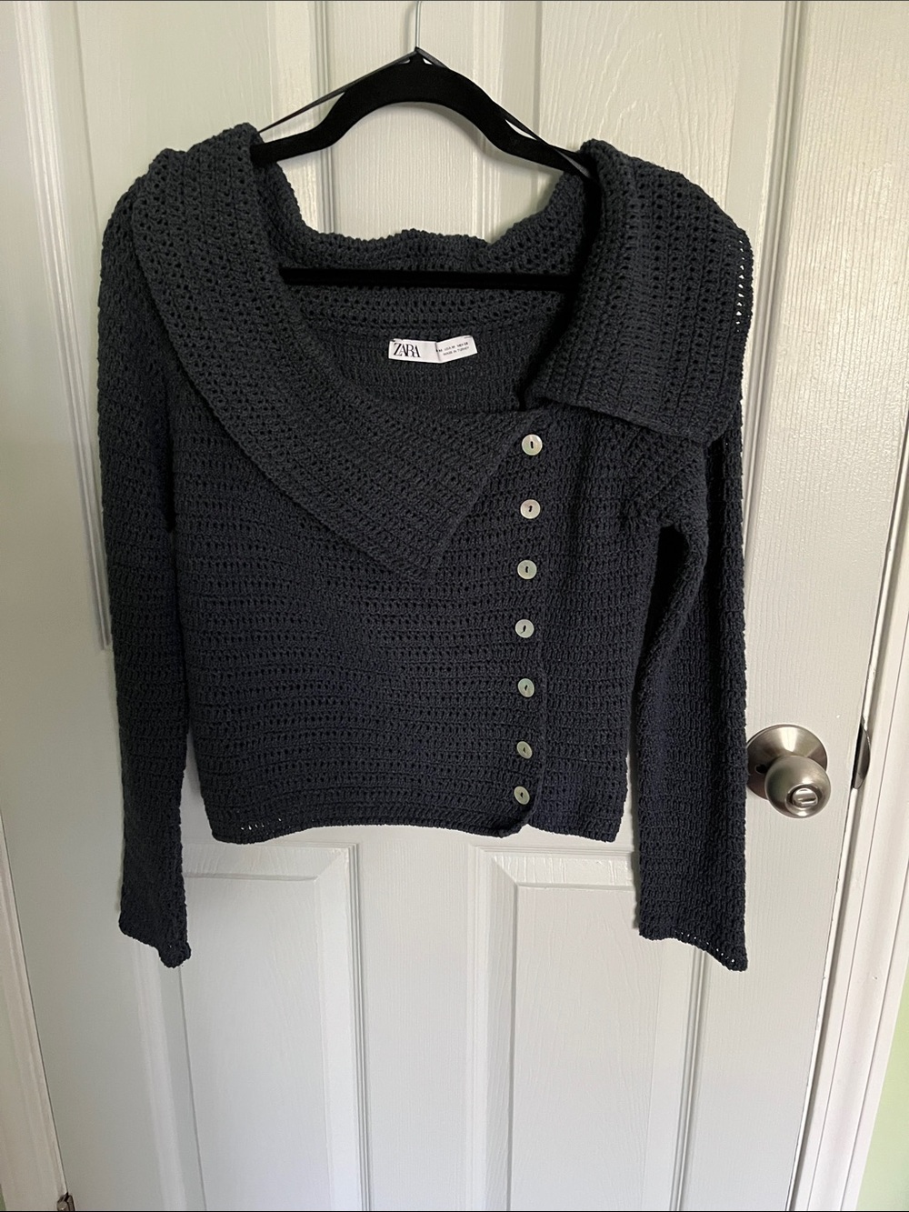 ZARA Denim Blue Cropped Knit Cardigan with Offset Button Placket